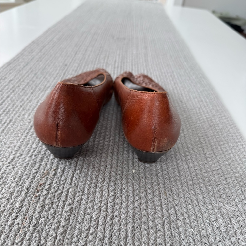 Vintage Dr. Scholls Cognac Brown Woven Leather Peep Toe Kitten Heels Dress Shoes - Picture 7 of 10